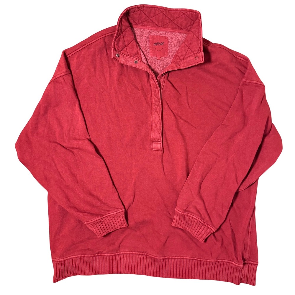 Aerie Oh Snap! Cherry Red Oversized Quarter Pullover Sweatshirt SZ L Women's